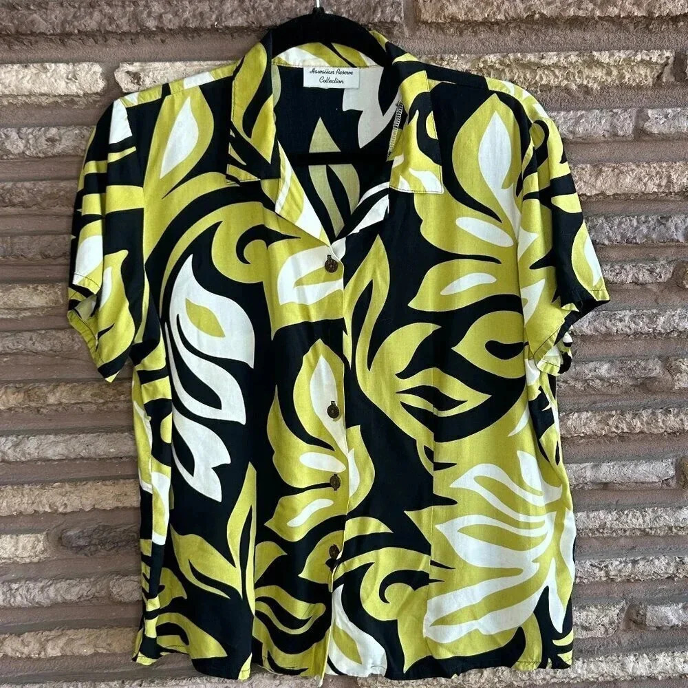 Hawaiian Reserve Collection Vintage Black Chartreuse Retro Print Camp Shirt